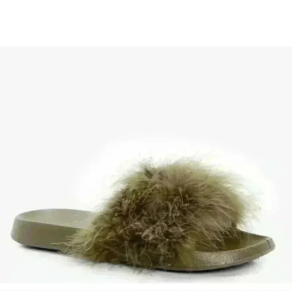 NEW NIB Boohoo Women's Annabelle Khaki (Brown) Feather Slider Sz 10 $36 - Picture 1 of 4